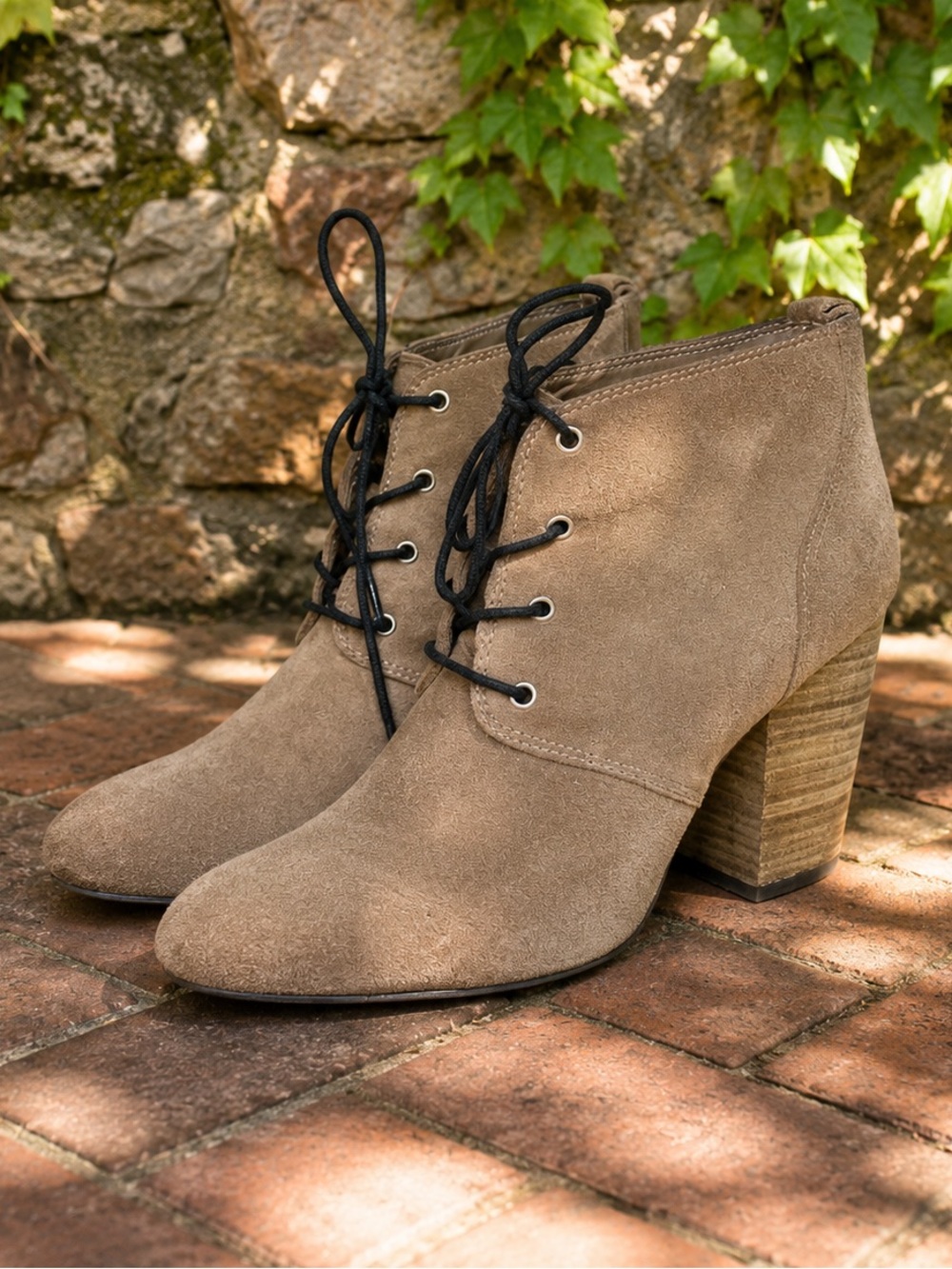 BCBGENERATION Taupe Suede Laced Block Heel Walkable Ankle Boots, 10